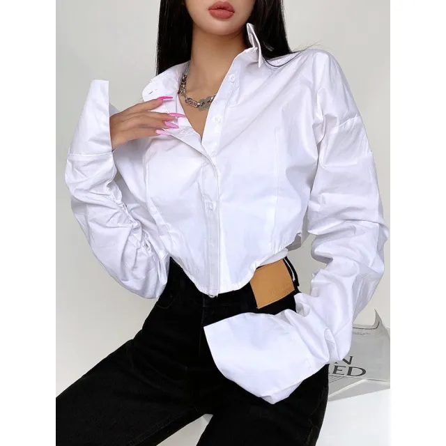 Women's Design Sense Niche Lapel Long Sleeve Short Cinched Blouse White - Shop at LoveMi