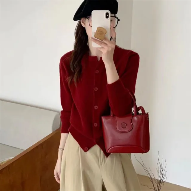 Knitted Cardigan Jacket Temperament Youthful looking Sweater Outerwear Slimming Short Top Wine Red - Shop at LoveMi