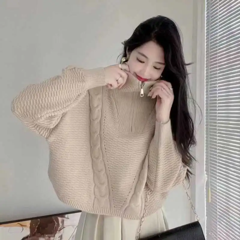 Women's Cashmere Turtleneck Zipper Pullover Sweater - Khaki