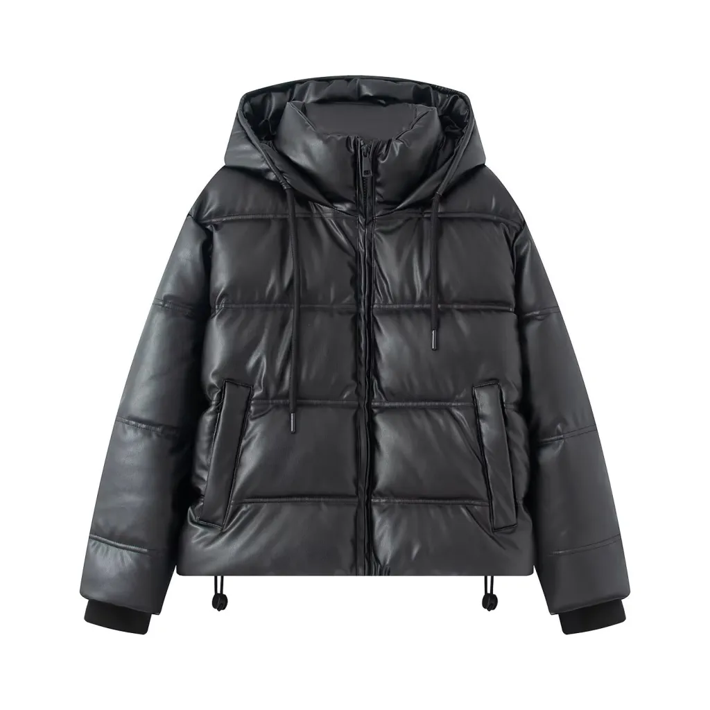 Thickened Warm Hooded Faux Leather Padded Cotton Coat For Women - Black