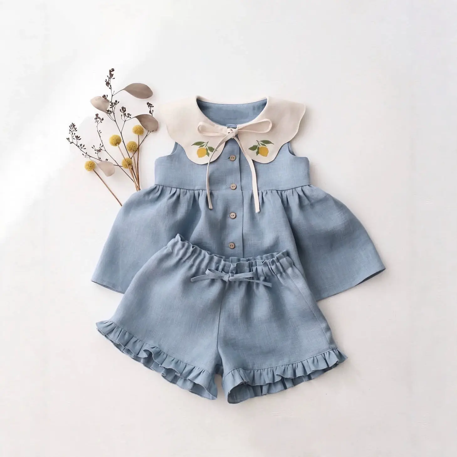 Childrens Sleeveless Embroidered-Neck Top And Shorts Two-Piece