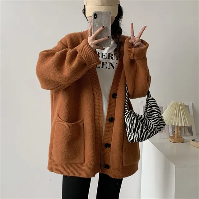 Female Solid Color Idle Style V neck Knitted Cardigan Top Caramel Color - Shop at LoveMi