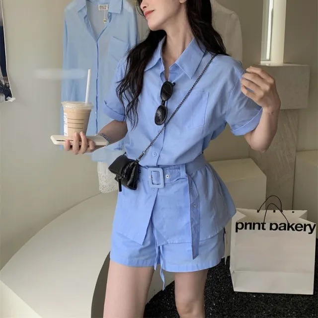 Lapel Short sleeve Shirt And High waisted Figure flattering Shorts Set Blue - Shop at LoveMi
