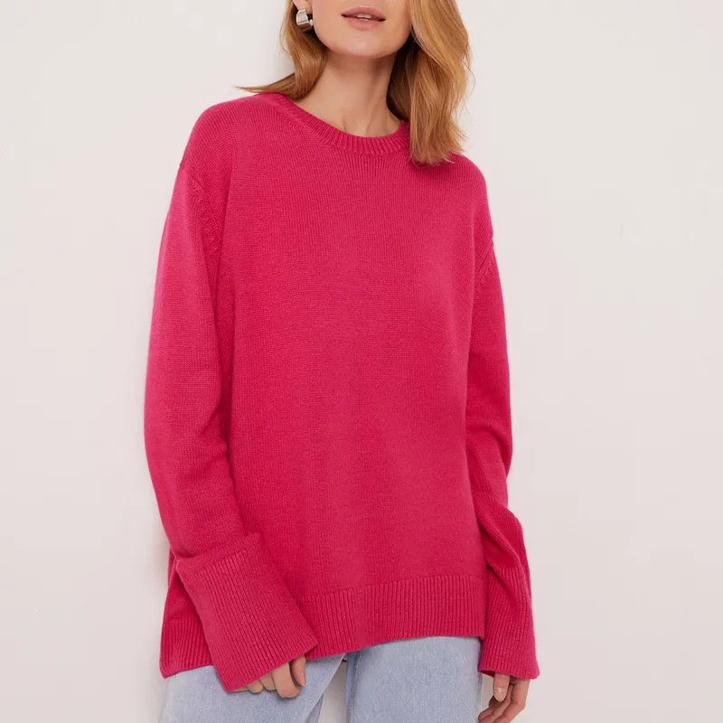 Sweaters Women's Clothing Knitwear Round Neck Loose Solid Color - Rose