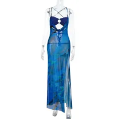 Women's Printed Sexy Hollowed-out Slit Dress - Blue - View 1