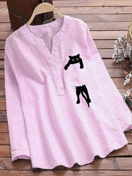Women's Striped Cotton And Linen Pocket Printed Casual V neck Long Sleeve Shirt Pink - Shop at LoveMi