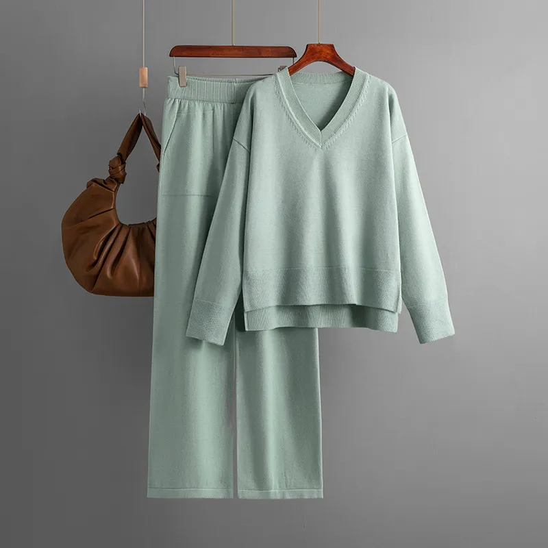 Autumn And Winter New Loose Casual Sweater Pullover Two-piece Set - Light Green