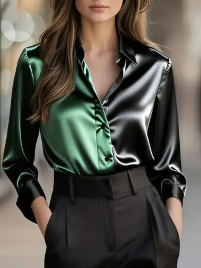 Elegant And Fashionable Double tone Lapel Button up Shirt For Women Green - Shop at LoveMi