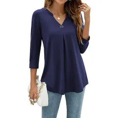 Casual And Comfortable Solid Color And V-neck Clinch Loose Three-quarter-length-sleeved T-shirt Top For Women - Navy Blue - View 1