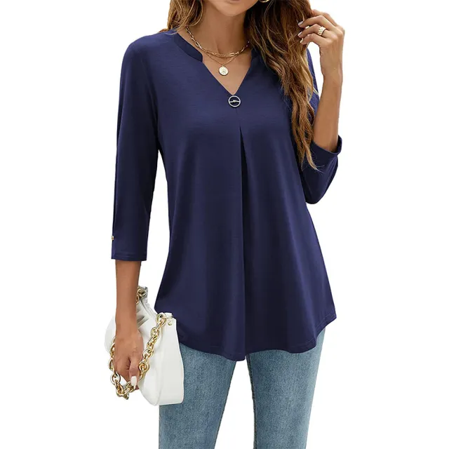 Casual And Comfortable Solid Color And V neck Clinch Loose Three quarter length sleeved T shirt Top For Women Navy Blue - Shop at LoveMi