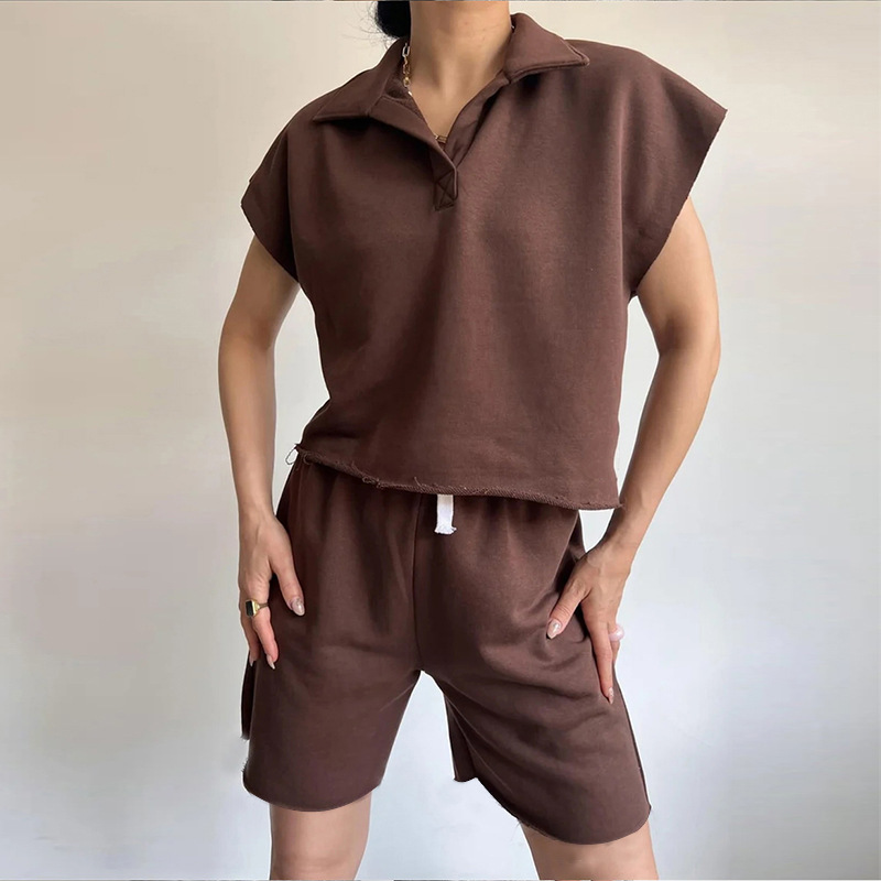 Lapel-collar Full-sleeve Loose Top And Drawstring Shorts Set