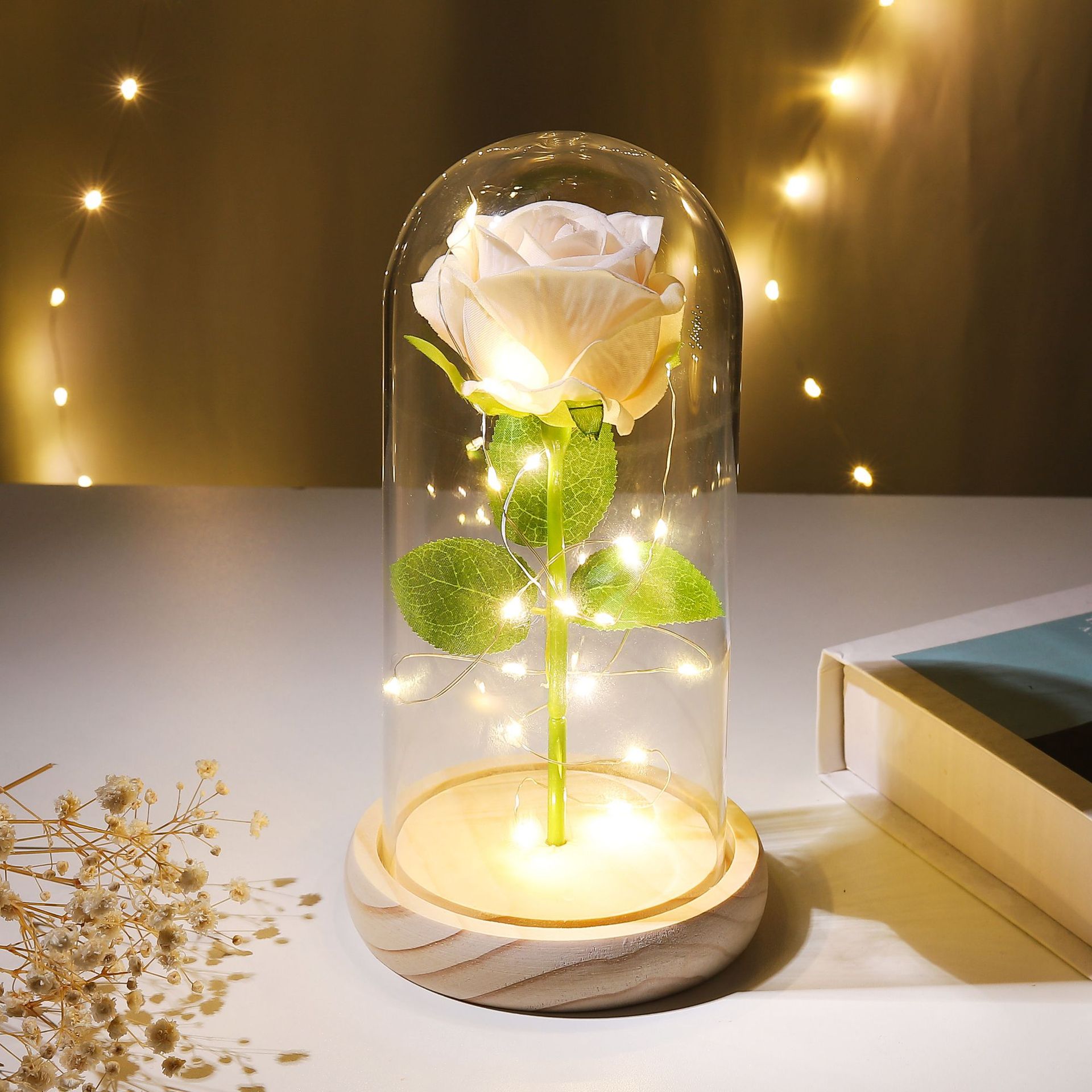 Preserved Flower Glass Dome Artificial Rose Night Light For Christmas