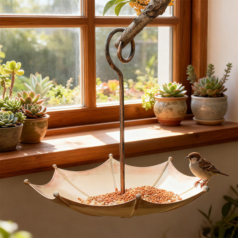 Retro-nostalgic Mini Copper-colored Umbrella-style Bird Feeder detail photo 4