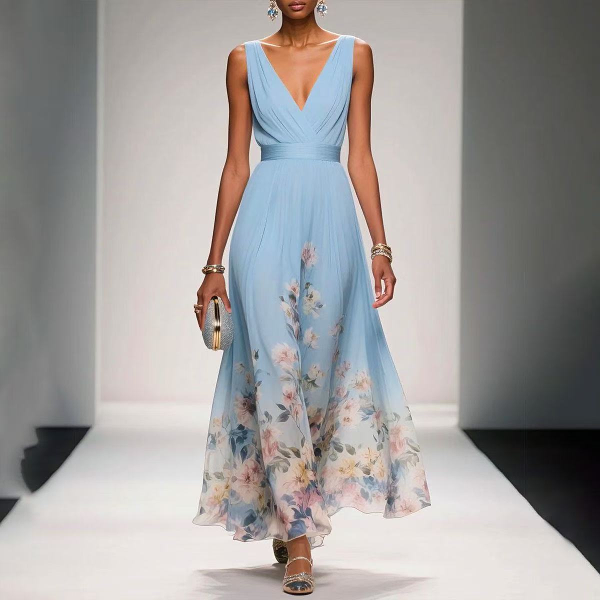 Sexy Vest Chiffon Printed Dress Sky Blue - Shop at LoveMi