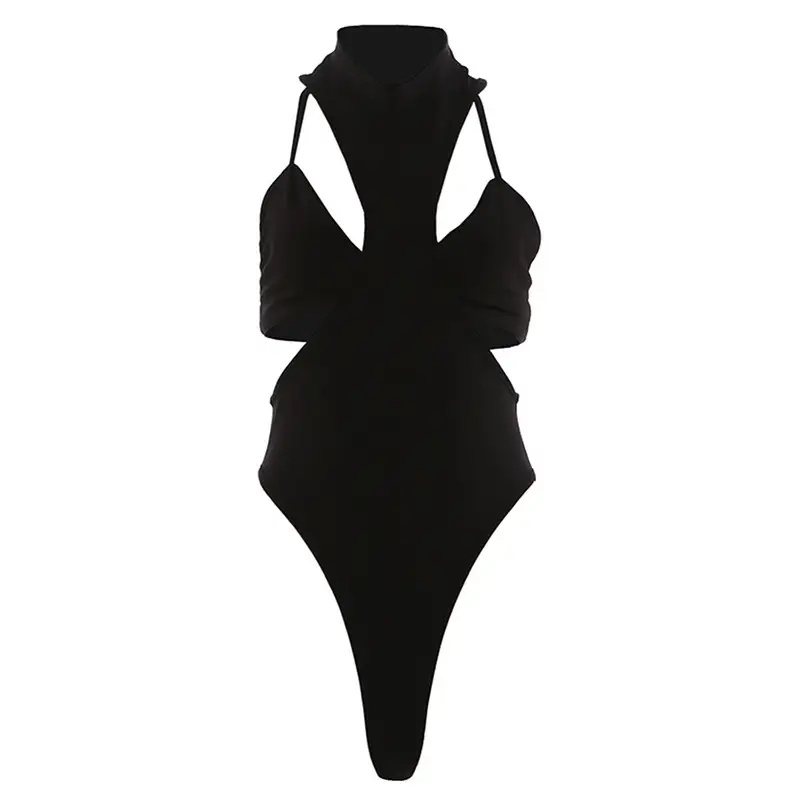 Sexy Solid-Color High-Neck Asymmetric Bodysuit For Women