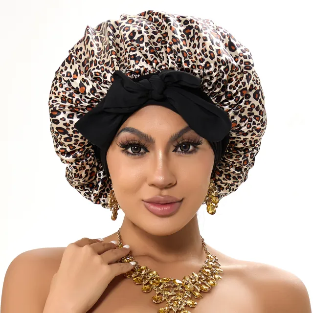 Double layer Ribbon Round Cap Bow Hair Care Wide brimmed Hat Leopard - Shop at LoveMi