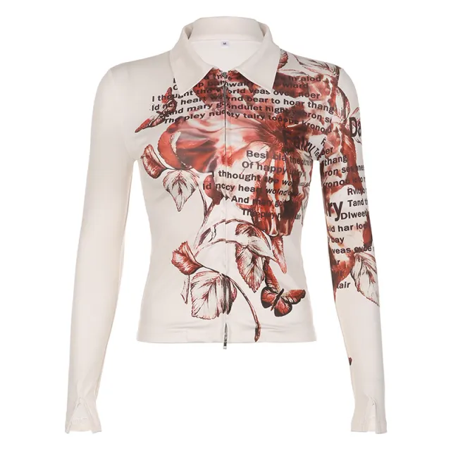 Tie dye Three dimensional Printing Double Zipper Exposed Navel Polo Collar Top Skin Color L - Shop at LoveMi