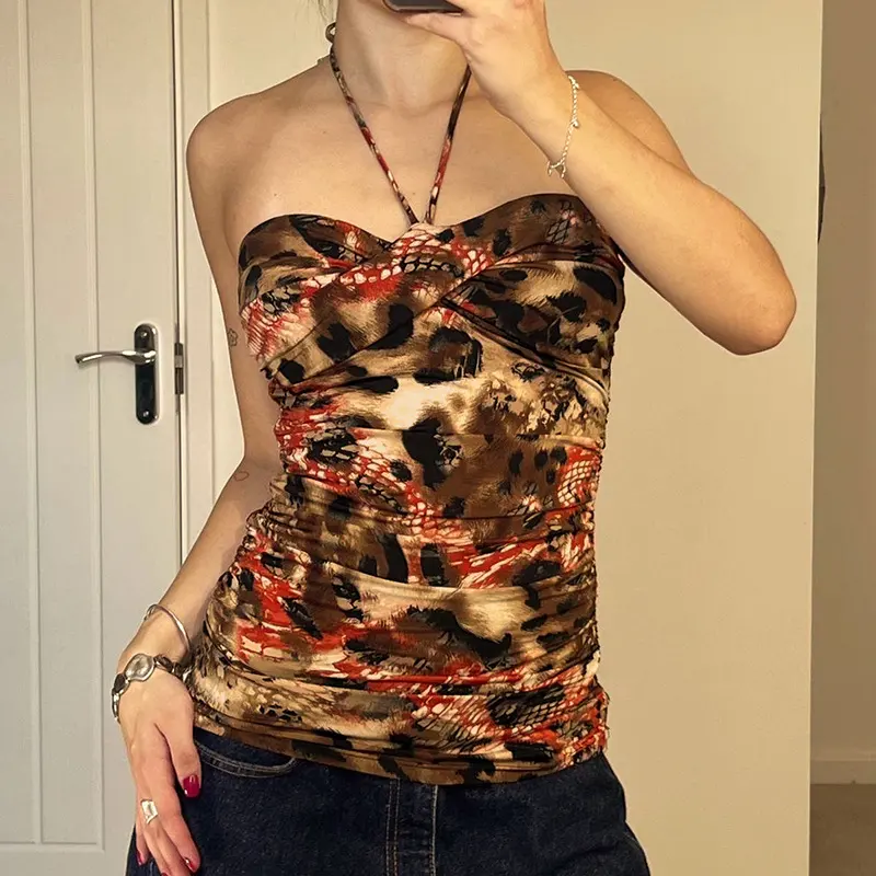 Retro Printed Sexy Backless Halter Vest
