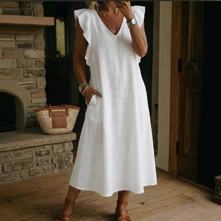 Womens Loose Cotton-Linen Suspender Dress With Ruffled Sleeves