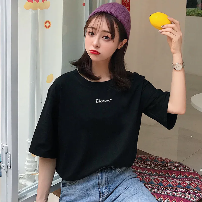 Letter Printed Cotton Half Sleeve Bottoming T-shirt - 169 Black
