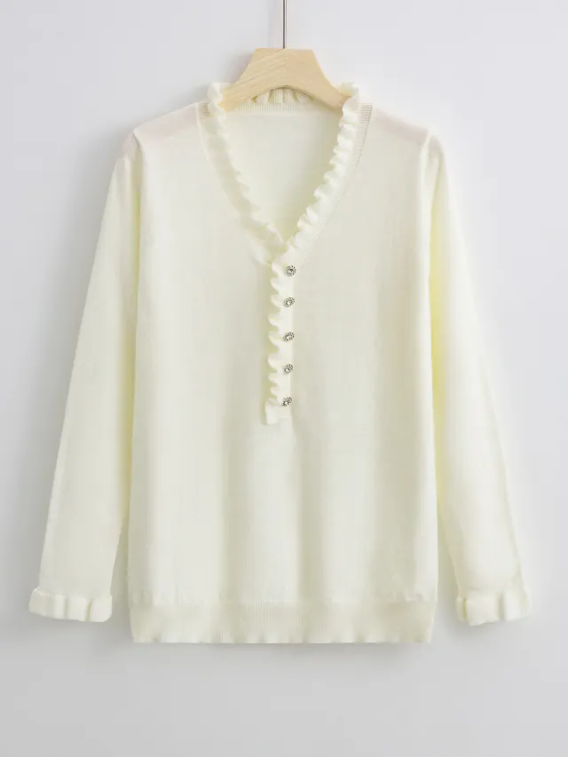 European And American Long Sleeve Ruffled Women's Knitwear White - Shop at LoveMi
