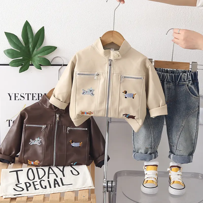 Boys Leather Jacket And Long-sleeve Pants Two-piece