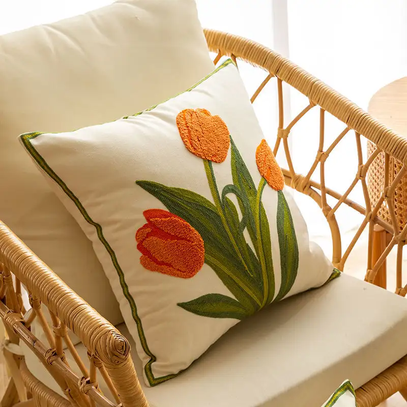 Nordic Style Pure Cotton Flower Embroidery Pillow Cover