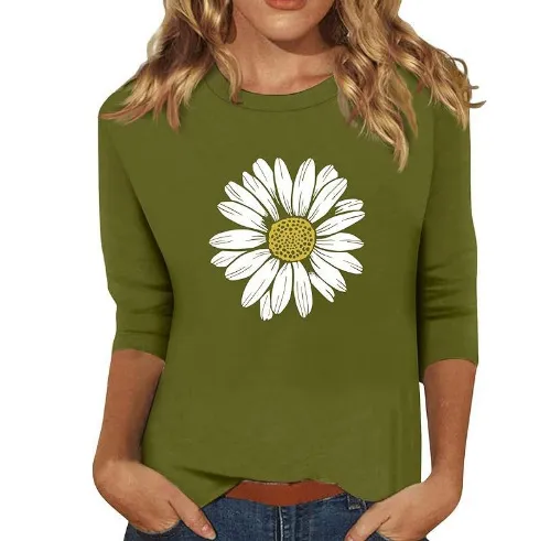 New Women's Clothing Round Neck 34 Sleeves Loose Print T shirt 00101 Style - Shop at LoveMi