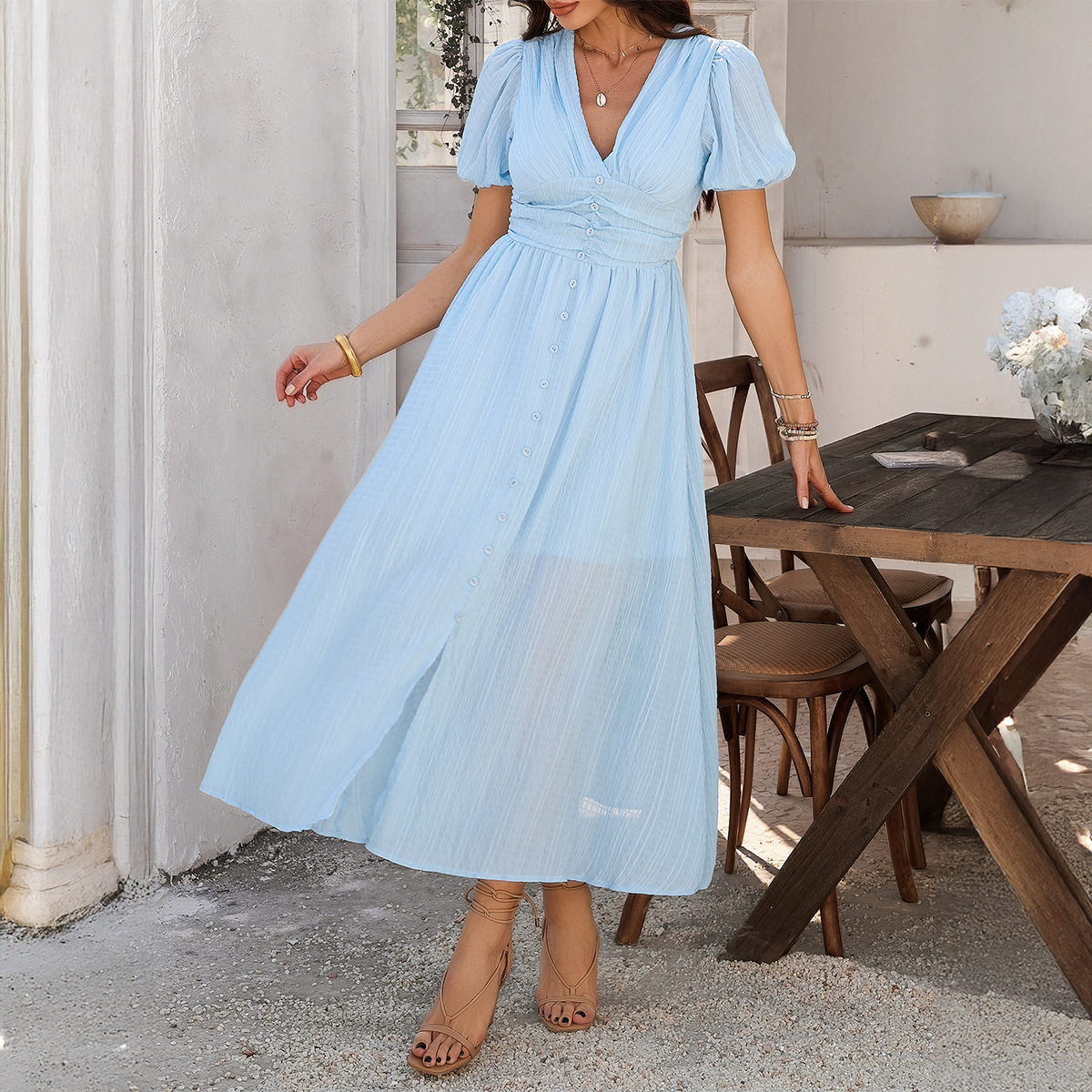 Leisure Commute Vacation Style V-neck High Waist Short Sleeve Split Dress Women