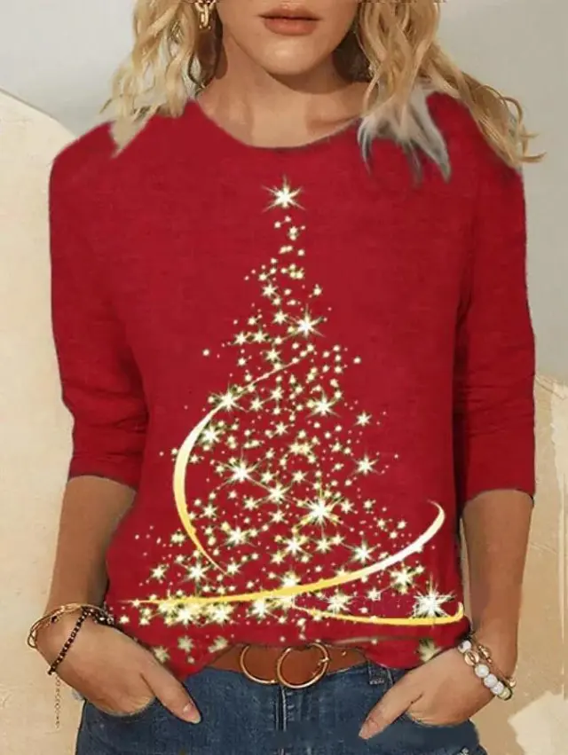 3d Digital Printing Christmas Women's Long sleeved T shirt Round Neck Ad6 5Xl - Shop at LoveMi