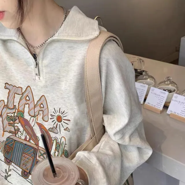 Half Zipper Sweater Loose And Idle Polo Collar Top Gray White Velvet - Shop at LoveMi