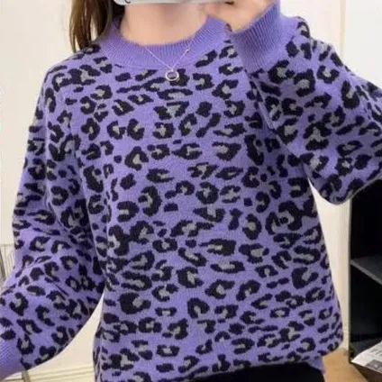 Leopard Jacquard Contrast Color Loose Thick Sweater Pullover Sweater Purple Gray - Shop at LoveMi