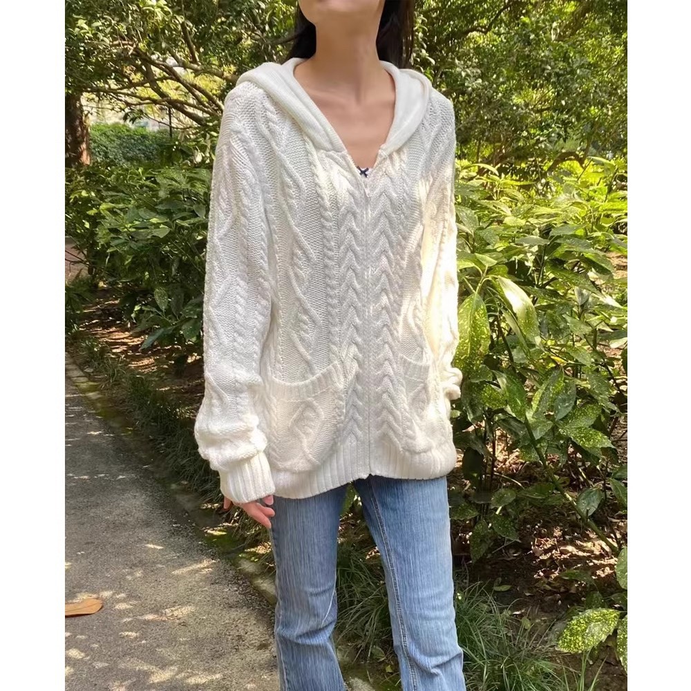 Retro Twist Hooded Women's Loose-fitting Versatile Sweater Zipper Jacket