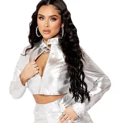 Fall Winter Fashion PU Metallic Collar Zipper Coat For Women - Silver - View 1