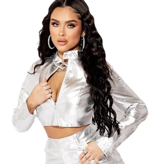 Fall Winter Fashion PU Metallic Collar Zipper Coat For Women Silver - Shop at LoveMi