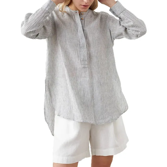 Women's Long Sleeve Stand up Collar Striped Shirt Tan - Shop at LoveMi