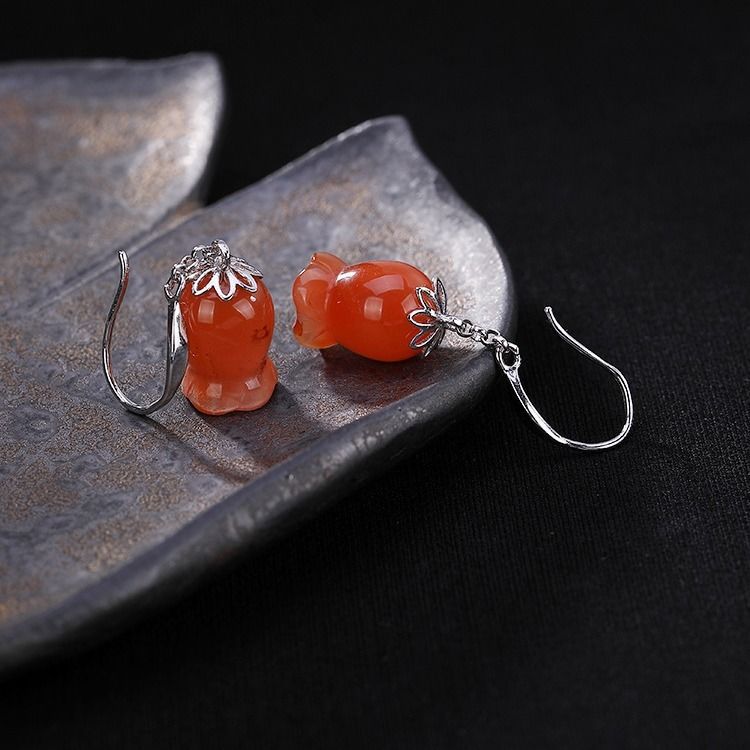 White Gold Inlaid Red Agate Retro Fairy Lily Earring Pendant For Ladies Eardrops