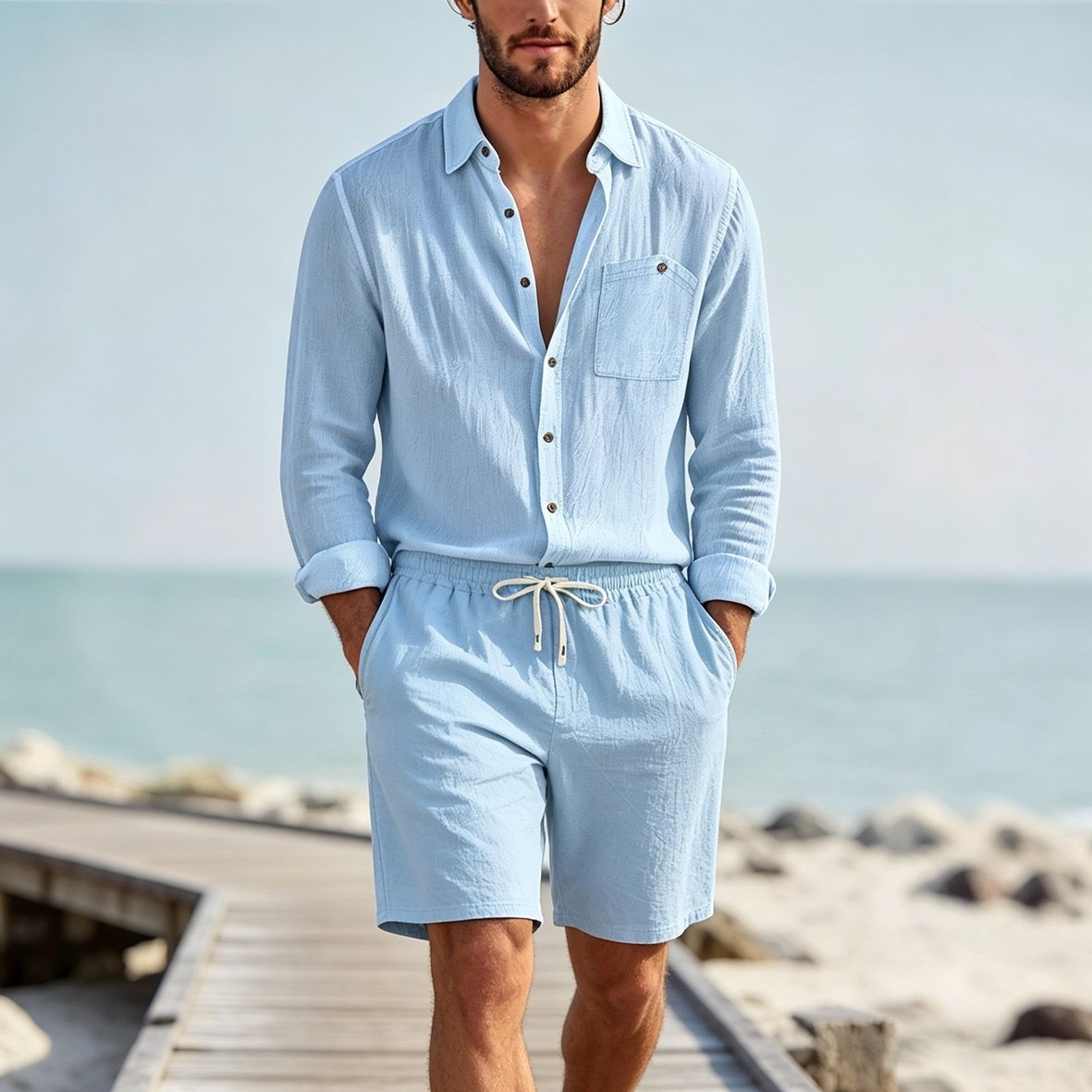 Mens Solid-Color Lapel Cardigan Linen Casual Long-Sleeve Set