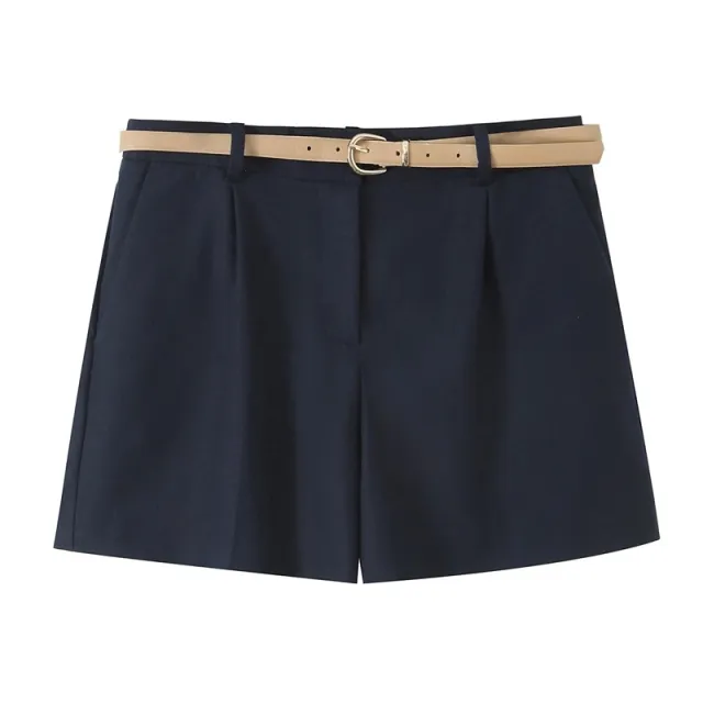 European And American Style Two Colors With Belt Pleated Casual Shorts Black - Shop at LoveMi