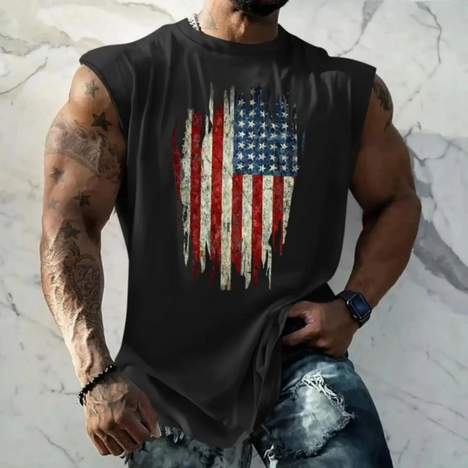 Vest American Shield Stripe Plain Pattern Men's Top