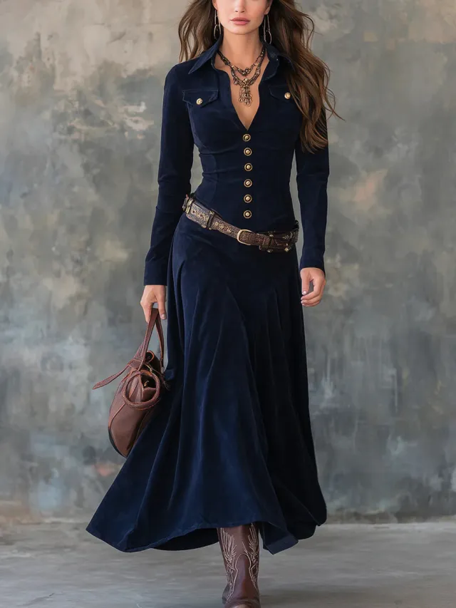 Long sleeved Literary Temperament V neck Dress For Women Blue - Shop at LoveMi