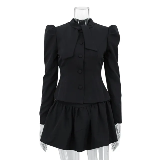 Bow Tie Long Sleeve Suit Top Skirt Two piece Set Gray - Shop at LoveMi