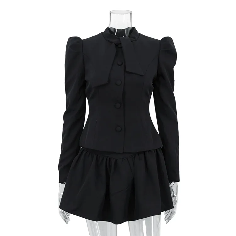 Bow Tie Long Sleeve Suit Top Skirt Two-piece Set - Gray