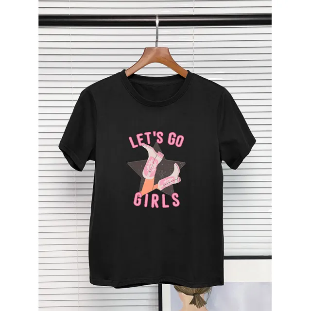 European And American Round Neck T shirt 100 Cotton Denim Girl Boots Printing Black - Shop at LoveMi