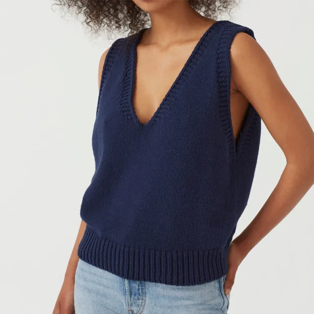Ladies Knitted Vest Sleeveless Sweater Dark Blue - Shop at LoveMi