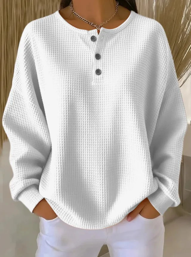 Round Neck Waffle Solid Color Pullover Loose Top White - Shop at LoveMi