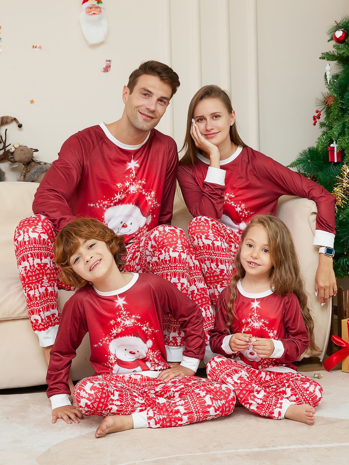 New Snowman Scarf Parent child Christmas Pajamas Pajamas Set Red - Shop at LoveMi