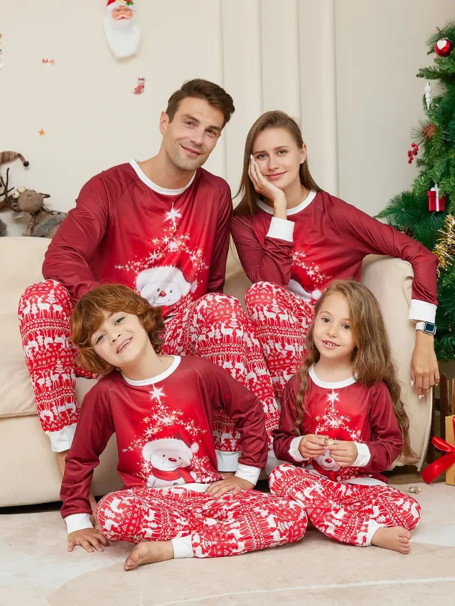 New Snowman Scarf Parent child Christmas Pajamas Pajamas Set Red - Shop at LoveMi