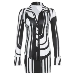 Women's Suit Corrugated Printing Lapel Single-breasted Shirt Top And Skirt Two-piece Set - Black And White - View 1