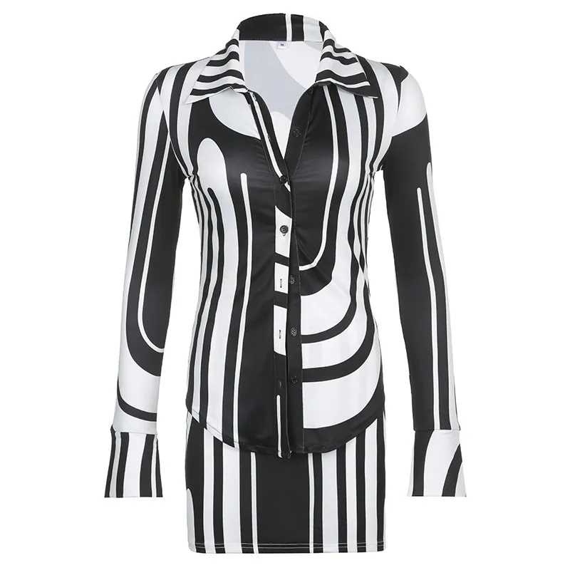 Women's Suit Corrugated Printing Lapel Single-breasted Shirt Top And Skirt Two-piece Set - White
